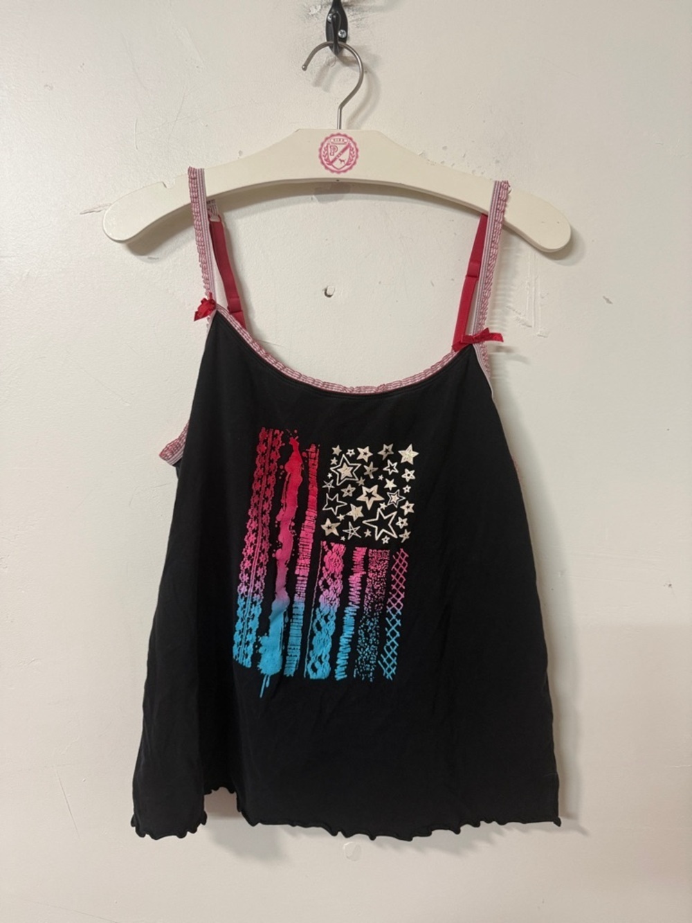 Black Graphic Tank Top with Pink & Blue Flag Design Y2K